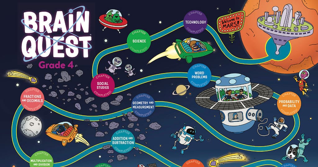 Brain Quest Grade 4 Workbook fold-out poster of kids flying to outer space.