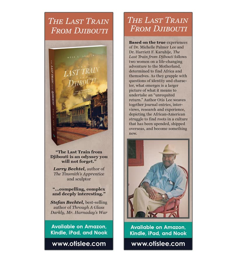 Bookmark for The Last Train From Djibouti. Graphic design by Scott DuBar.