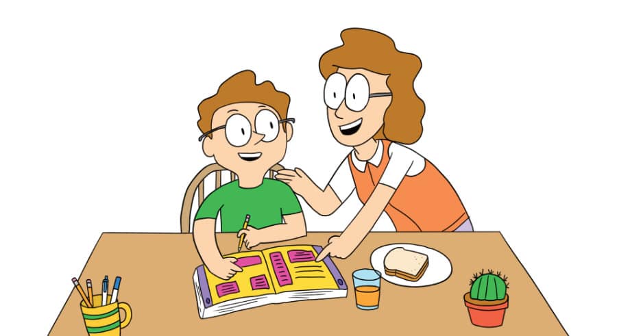 Brain Quest artwork showing a mom helping her son with his Brain Quest Grade 6 Workbook. Art Director Erica Green.
Illustration by Scott DuBar.