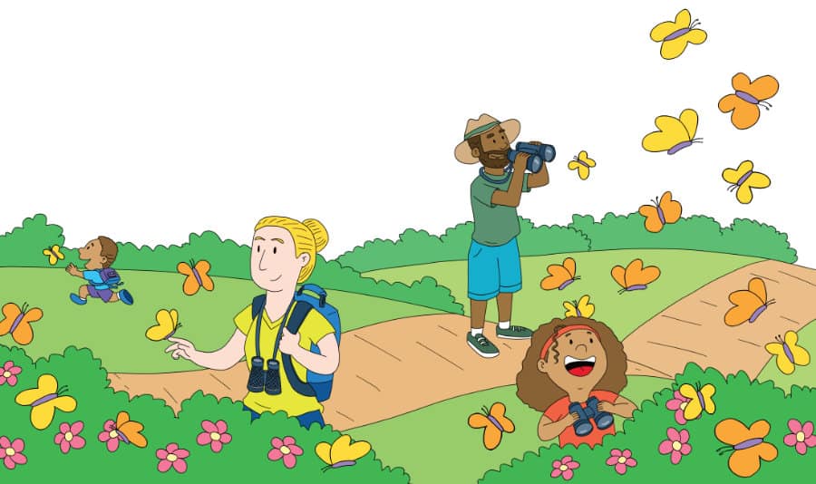 Brain Quest artwork of a family watching butterflies. Illustration by Scott DuBar.