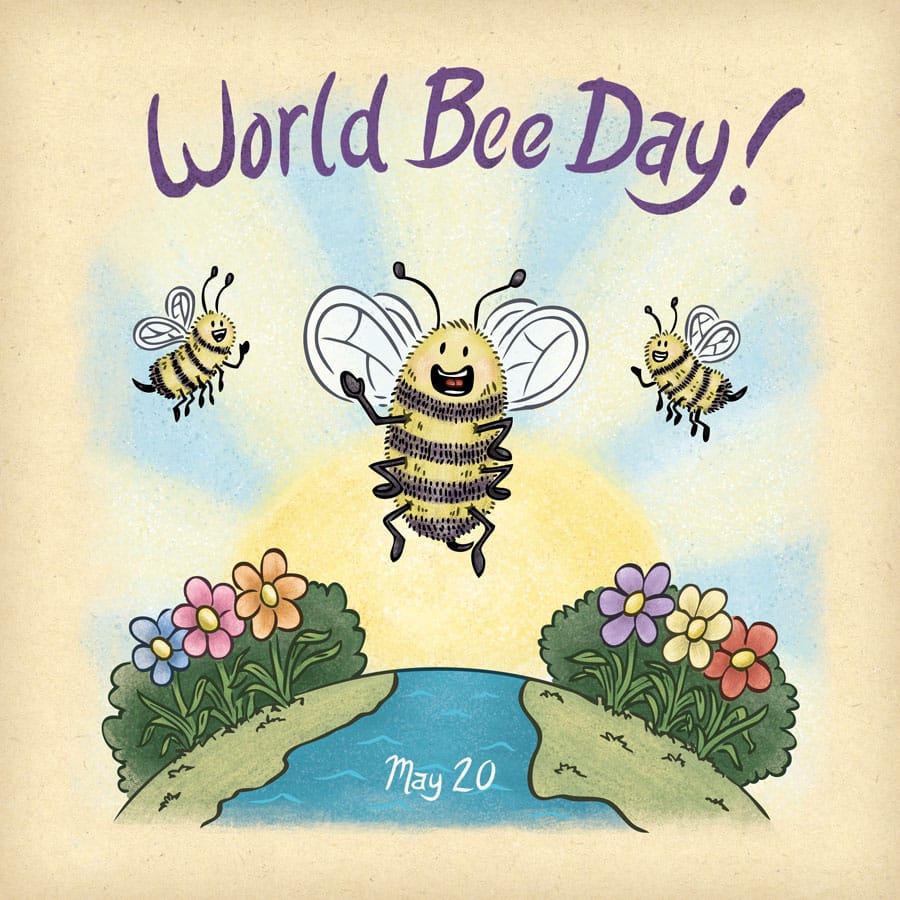 Happy bees celebrating a bright and sunny World Bee Day.