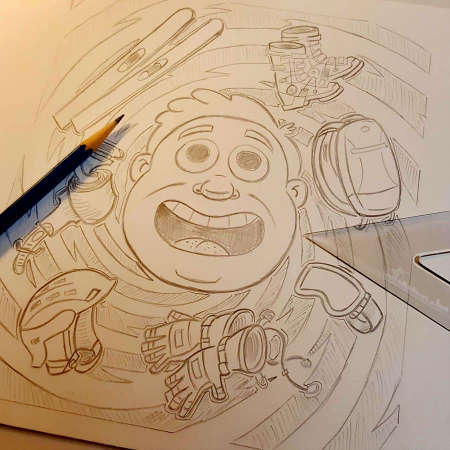 Pencil drawing for Vicious Gear Cycle by Scott DuBar.