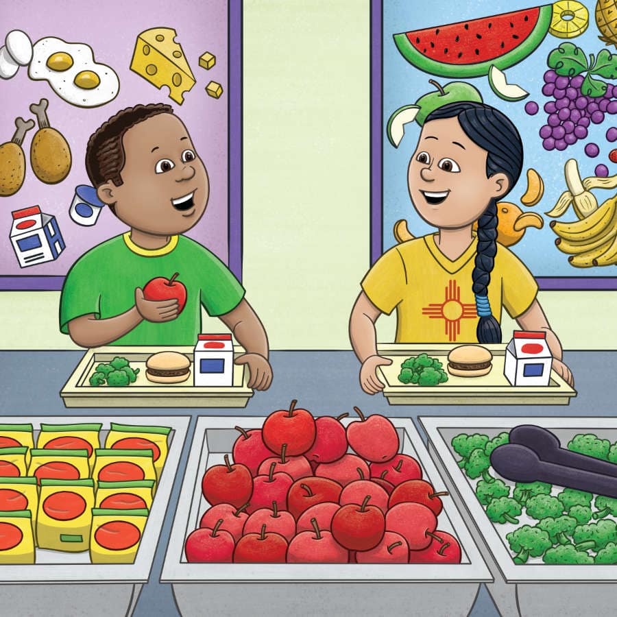 Kids in the cafeteria. Zippy Buzzy Bee, winner of a MarCom Award 2021.