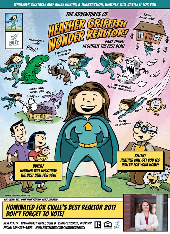 Heather Griffith, Wonder Realtor part 3. Comic book style ad for C-ville Weekly