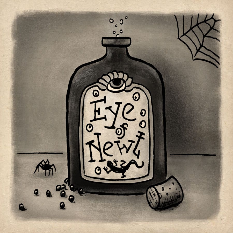 Spiderwalking past a bottle of Eye of Newt.