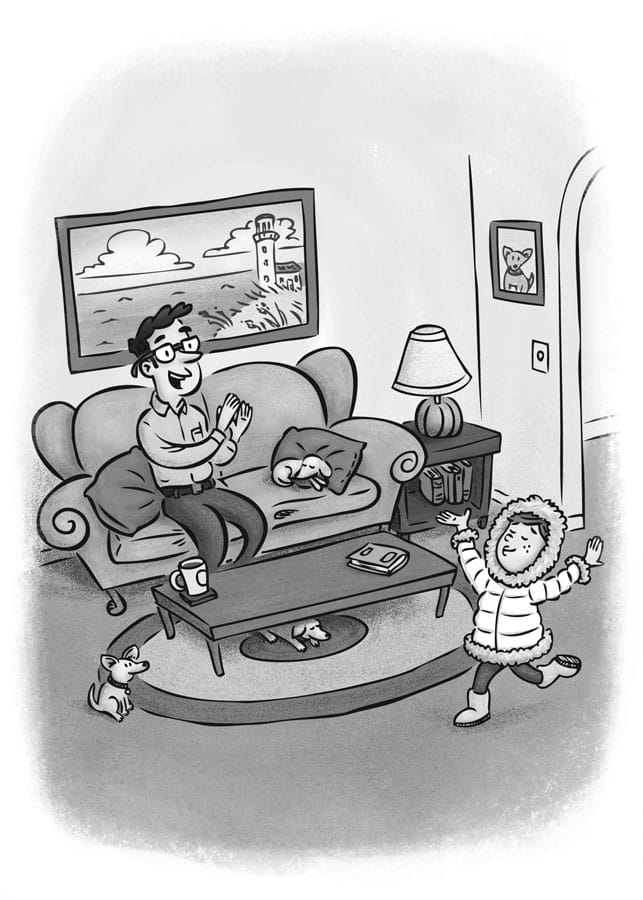 Lissy models her new winter coat for her dad and their three chihuahuas.