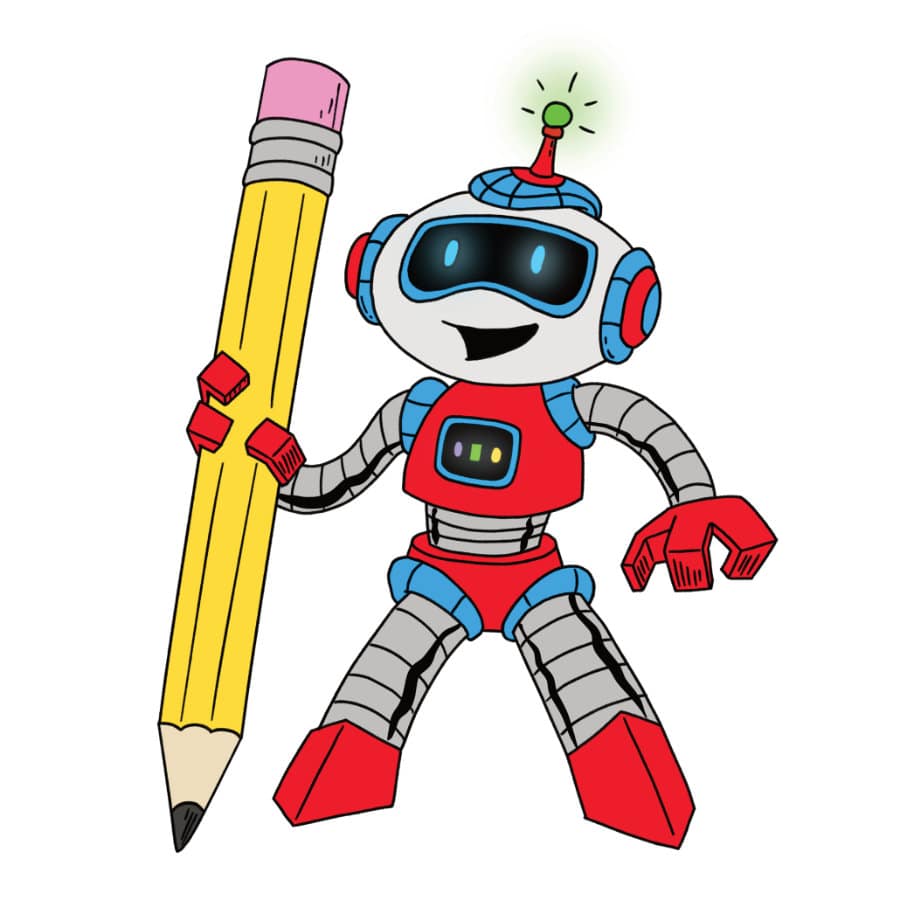 Helpful robot holding up a large pencil. Brain Quest Grade 4 Workbook. Art Director Erica Green. Illustration by Scott DuBar.